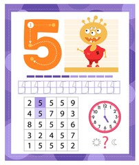 Learning Number 5 with funny monster. Coloring printable worksheet for kindergarten and preschool. Five. Handwriting practice. Coloring book.
