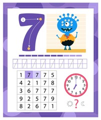 Learning Number 7 with funny monster. Coloring printable worksheet for kindergarten and preschool. Seven. Handwriting practice. Coloring book.