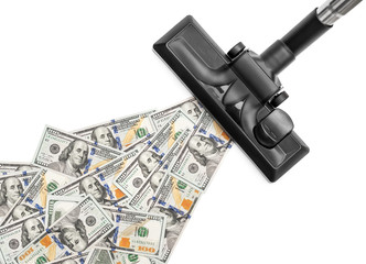 Vacuum cleaner sucking money on white background. Business concept.
