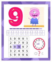 Learning Number 9 with funny monster. Coloring printable worksheet for kindergarten and preschool. Nine. Handwriting practice. Coloring book. 