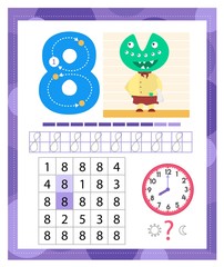 Learning Number 8 with funny monster. Coloring printable worksheet for kindergarten and preschool. Eight. Handwriting practice. Coloring book.	