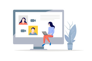 Conference video call menu template, working from home. Colleagues talk to each other people participants.