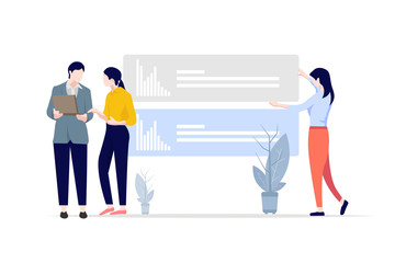 Business people working and discussing online data in front of laptop.Vectorr illustration.