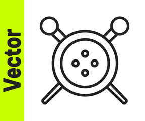 Obraz premium Black line Sewing button and knitting needles icon isolated on white background. Clothing button. Vector Illustration