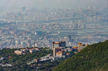 Aerial view of the Chinese Culture University and cityscape from Yangmingshan National Park