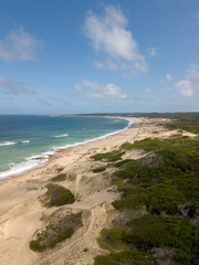 Aerial view of the beach in Punta del Diablo, wild beach. Rocha, Uruguay.