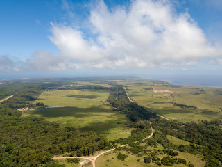 Aerial view of lots full of trees and vegetation, next to the sea, Rocha, Uruguay.