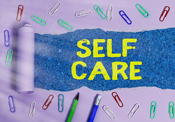 Word writing text Self Care. Business photo showcasing the practice of taking action to improve one...