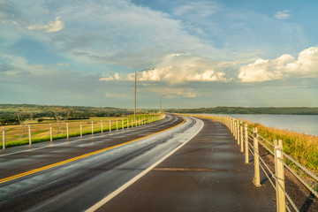 highway over a dam on Missouri River
