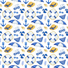 Watercolor marine seamless pattern with hand drawn summer sea yacht equipment and accessories: anchor, lifebuoy, sunglasses, bikini swimsuit, sun umbrella for wrapping paper, textile, scrapbooking