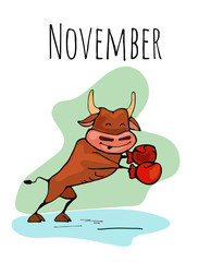 Cartoon funny bull in Boxing gloves. Bull cartoon concept of a sporting lifestyle and playing sport. Ox symbol of the New year 2021 vector illustration for a postcard or calendar.