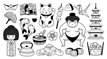 Japanese pagoda, geisha, sumo wrestler, manga and fuji mountain. Traditional national symbols of Japan. Kawaii cartoon character. Doodle outline vector illustrations for coloring book, tattoo, print.