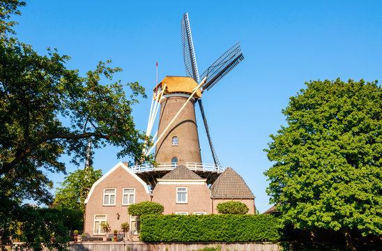 Windmill De Hoop (The Hope) also called 't Jach and three houses on a sunny afternoon against a blue sky. Culemborg, Gelderland, The Netherlands.