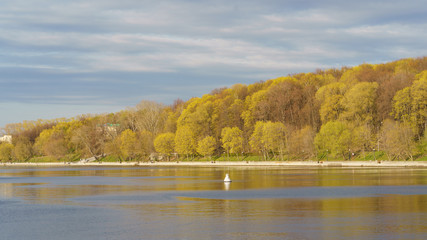 Moskva River embankment, Gorky Park (Neskuchny Garden) are popular place for walking of citizens. Coronavirus pandemic time. Nature is beautiful. No people. Rest for nature.