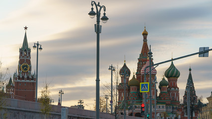 Obraz premium Photography of the domes of the Saint Basil's Cathedral / Cathedral of Vasily the Blessed and Spasskaya Tower. Moscow Red Square. Coronavirus pandemic time. No people.