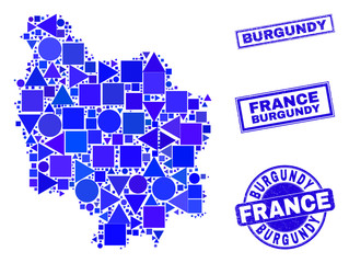 Vector mosaic Burgundy Province map. Geographic plan in blue color shades, and textured round and rectangle seals. Abstract mosaic of Burgundy Province map combined of round, triangles,