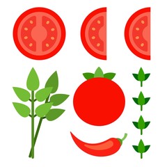 Set of cut slices of tomato, red pepper, green leaves flat icon vector isolated