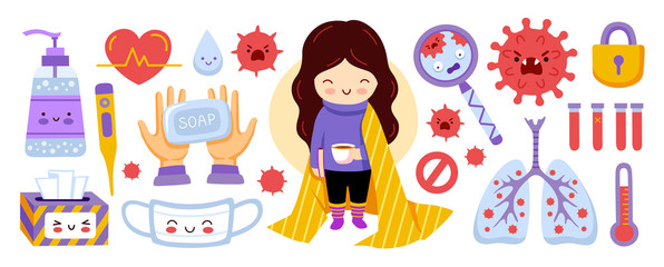 Coronavirus covid-19 elememts. Mask, antiseptic, thermometer, quarantine, self-isolation. Cartoon info stickers for kids and children. Vector flat illustration.