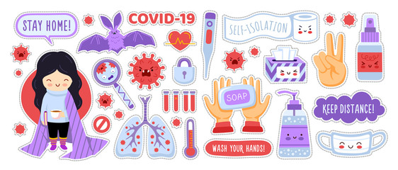 Coronavirus, covid-19, virus, medical mask, sanitizer. Girl staying safe at home, washing hands. Set of cute stickers, elements, symbols and pins. Vector flat illustrations