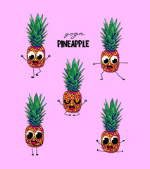 Funny pineapple yoga poses. Food character. Pineapple with big eyes, hands and legs. Front view doodle tropical fruit