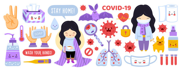 Big set of coronavirus prevention elements. Covid-19 stickers collection for children, kids. Girl with dog, sanitizer, masks, soap, lockdown. Cartoon characters. Flat vector illustration.