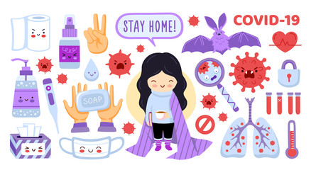 Coronavirus protection elements set. Girl staying home, mask, sanitizer, antiseptic. Symptoms and prevention stickers collection. Covid-19 flat vector illustration.