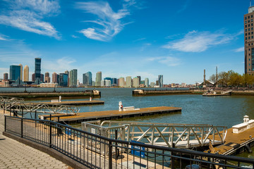 New York, USA - MAY 2, 2020: North Cove Marina at Brookfield Place with New Jersey on backgrounder