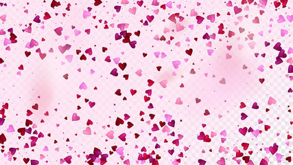 Flying Hearts Vector Confetti. Valentines Day Wedding Pattern. Beautiful Pink Sparkles Valentines Day Decoration with Falling Down Hearts Confetti. Elegant Gift, Birthday Card, Poster Background