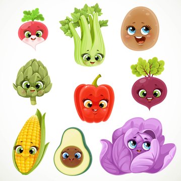 Cute cartoon emoji corn, beets, radishes, red cabbage, potatoes, avocado, celery, artichoke, bell pepper isolated on white background