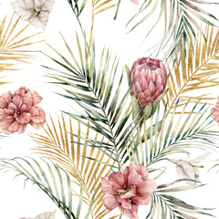 Watercolor seamless pattern with protea, hibiscus, bougainvillea and golden palm leaves. Hand painted tropical flowers isolated on white background. Floral illustration for design, print, background. - 351986954