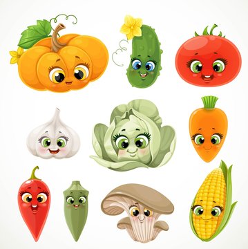 Cute cartoon emoji okra, pumpkin, carrot, tomato, cucumber, hot pepper, white cabbage, garlic, corn and oyster mushroom isolated on white background