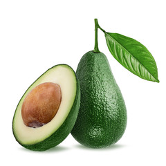 Avocados with leaves isolated on white background with clipping path