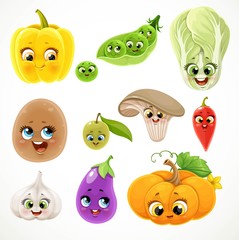 Cute cartoon emoji pumpkin, potatoes, green peas, garlic, jalapenos, olive, oyster mushroom, sweet pepper, eggplant isolated on white background