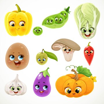 Cute cartoon emoji pumpkin, potatoes, green peas, garlic, jalapenos, olive, oyster mushroom, sweet pepper, eggplant isolated on white background