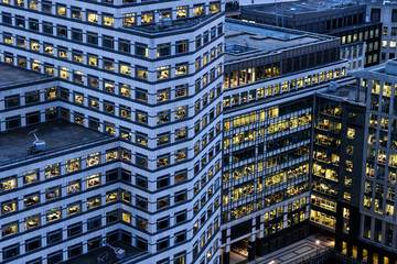 Modern office buildings in the evening.