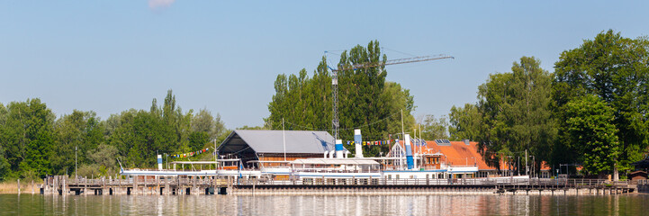 Panorama with steamers (Dampfer) at the promenade pier of Stegen, Ammersee