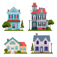 Naklejka premium Vector Buildings Set Isolated on White Background. Simple suburban houses. Concept of real estate, property and ownership. Flat style design