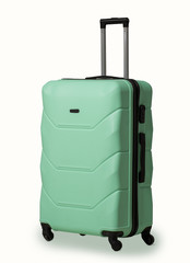 Plastic suitcase with wheels.
