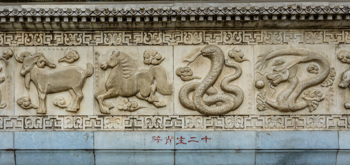 Chinese zodiac signs carved in stone on the wall.