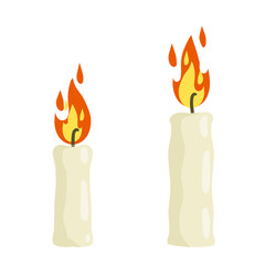 Candle with fire. flame with wick. Element of a new year, religion and villages. Wax object for lighting. Cartoon flat illustration