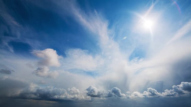 Picturesque aerial timelapse of changing weather from clear blue sky with bright sunshine and just a few white clouds to dark stormy thunderclouds completely covering the sky.