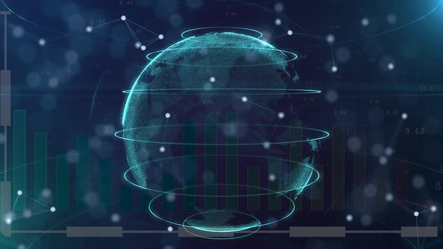 Background for broadcasting. Abstract planet and candlestick chart falling and rising over blue background.