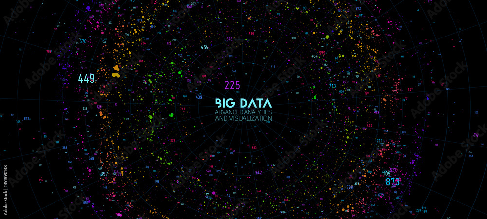 Poster Big data cloud visualization. Futuristic infographic. Information cloud computing. Visual data complexity. Complex business chart analytics. Social network representation. Abstract data graph.