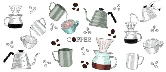 Set of elements for coffee brewing in graphic style hand-drawn vector illustration. Cup of coffee, pour over, jug, coffee beans
