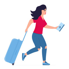 Girl tourist in a hurry on a flight. Woman runs with a suitcase and a plane ticket. Opening of cordons after quarantine.