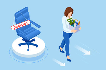 Unemployment, loss job, crisis, jobless and employee job reduction. Dismissed sad man carrying box with her things. Isometric vector illustration