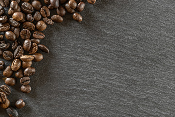 Cup coffee drink espresso background. Dark beans for black caffeine breakfast in cafe food. Brown roasted coffee seeds isolated for energy mocha, cappuccino ingredient. Copy space, top view