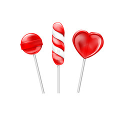 red lollipops candy sweet isolated on white background. In the shape of heart-shaped spiral and ball