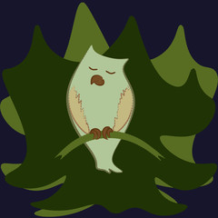 owl on a branch against the background of a forest doodle clipart for t-shirt and print.