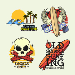 Surfing Style Surf Summer Time Beach Life Traditional Tattoo Influenced Hand Lettering  Vector Illustrations Set Designs.